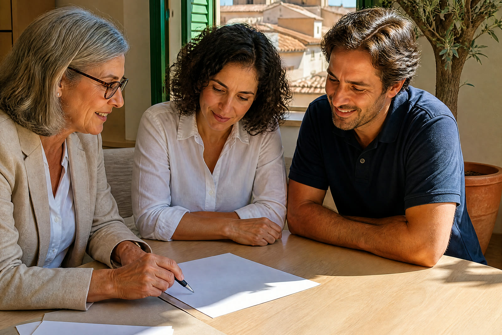 An insurance adviser points with a pen at a blank page while a couple lean in at a sunlit desk, terracotta rooftops through the open shutters behind them