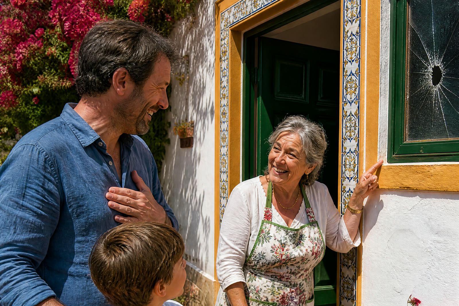 A father and son apologise to a smiling neighbour who points at a cracked window beside her tiled doorway in a sunlit Andalusian patio