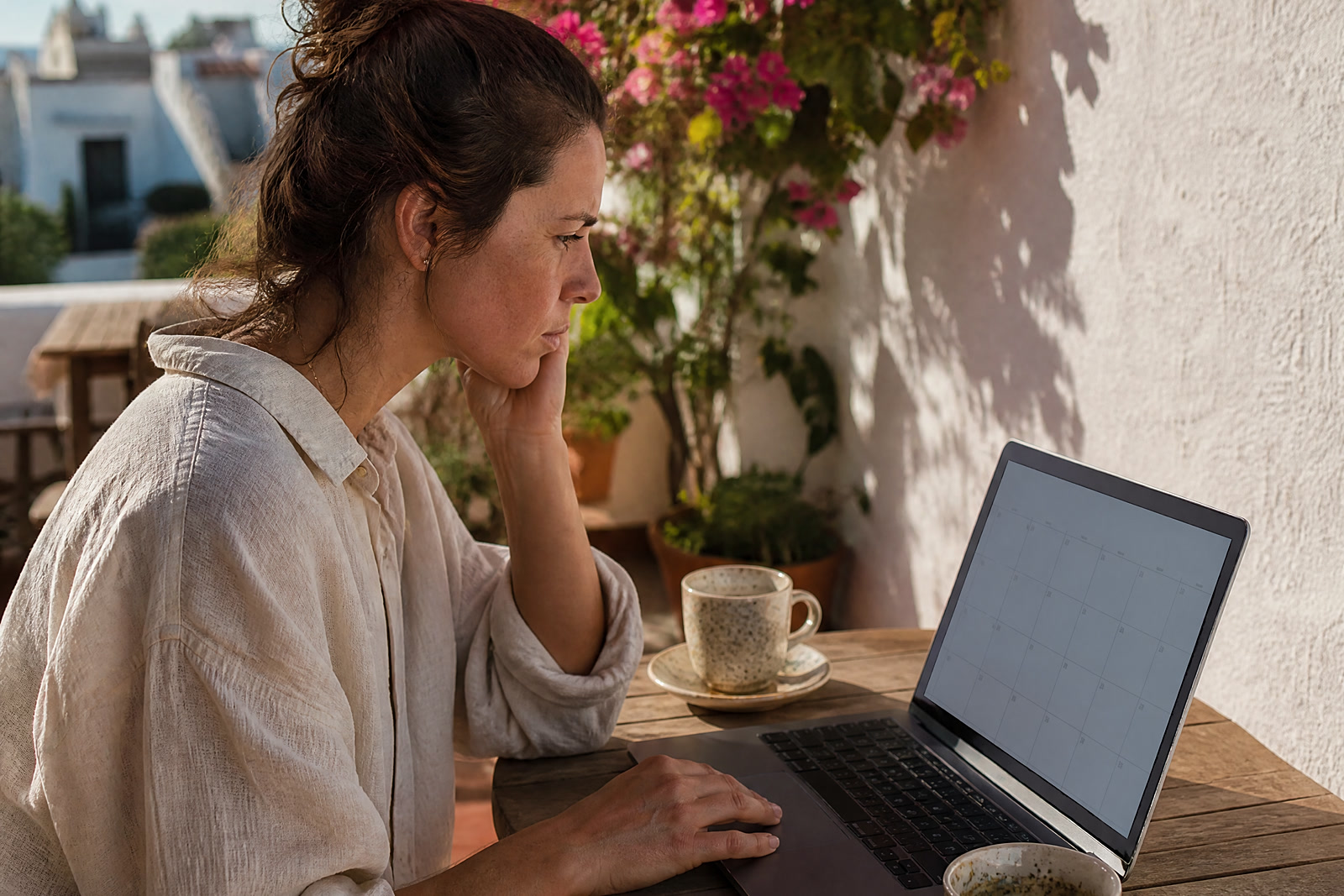 A woman at a sunlit terrace table with a laptop showing an empty calendar, a passport and a coffee, in front of a whitewashed wall with bougainvillea