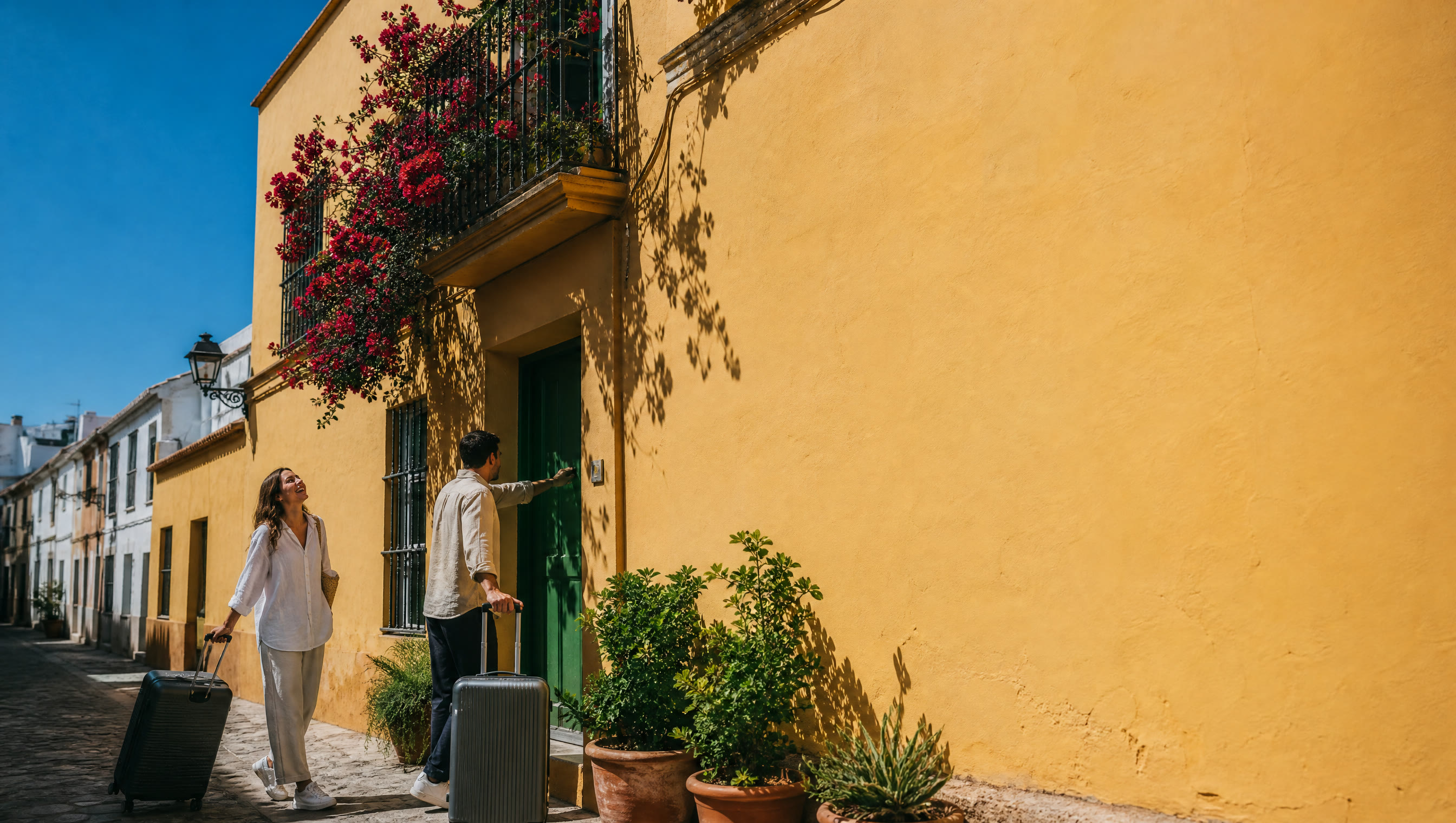 A couple wheeling suitcases up to the green door of an ochre townhouse on a sunlit Spanish street