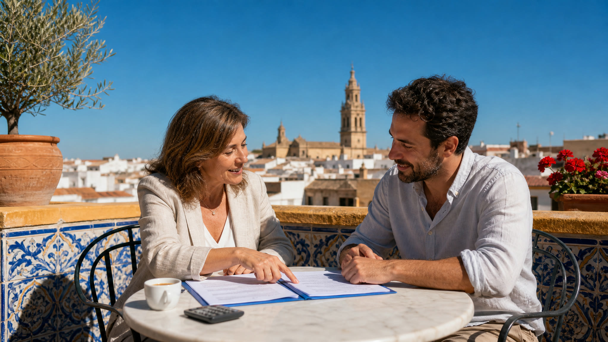 A tax adviser and her client comparing two sets of documents at a sunlit rooftop table above a Spanish old town