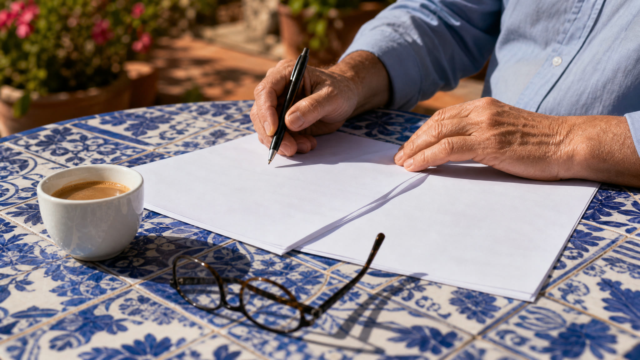 Hands signing paperwork beside a coffee cup on a blue and white tiled table in bright sunshine
