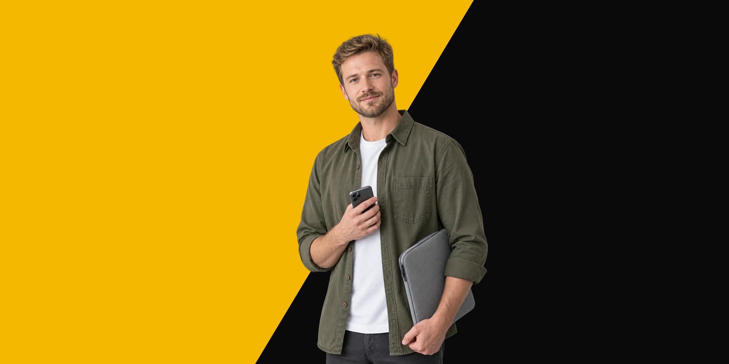 A man with a short beard in an olive overshirt, holding a phone and a laptop sleeve, on a yellow and black diagonal background
