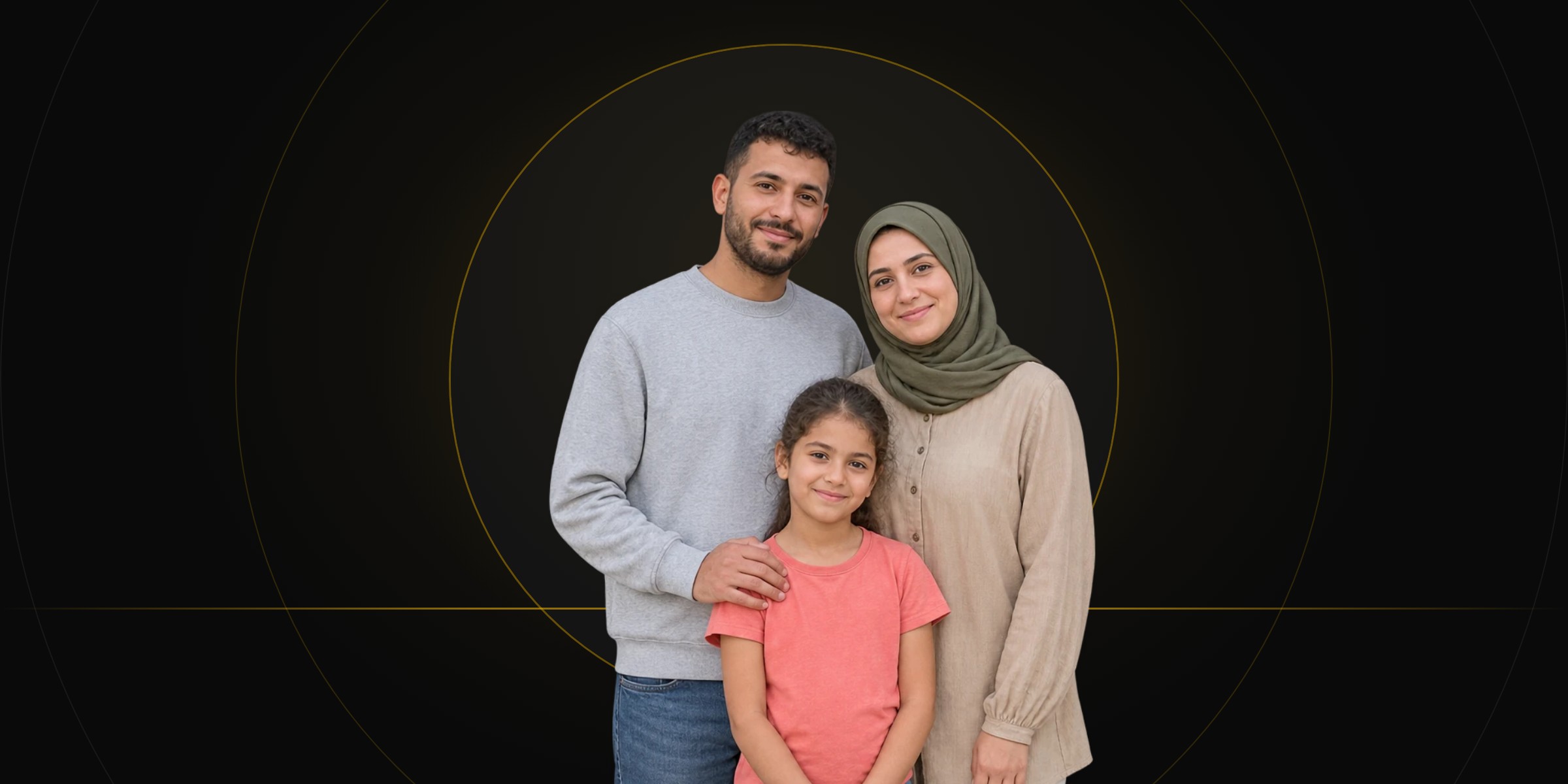 A Moroccan family, a father in a grey sweatshirt, a mother in an olive headscarf and their young daughter in a coral t-shirt, on a black background with a gold ring