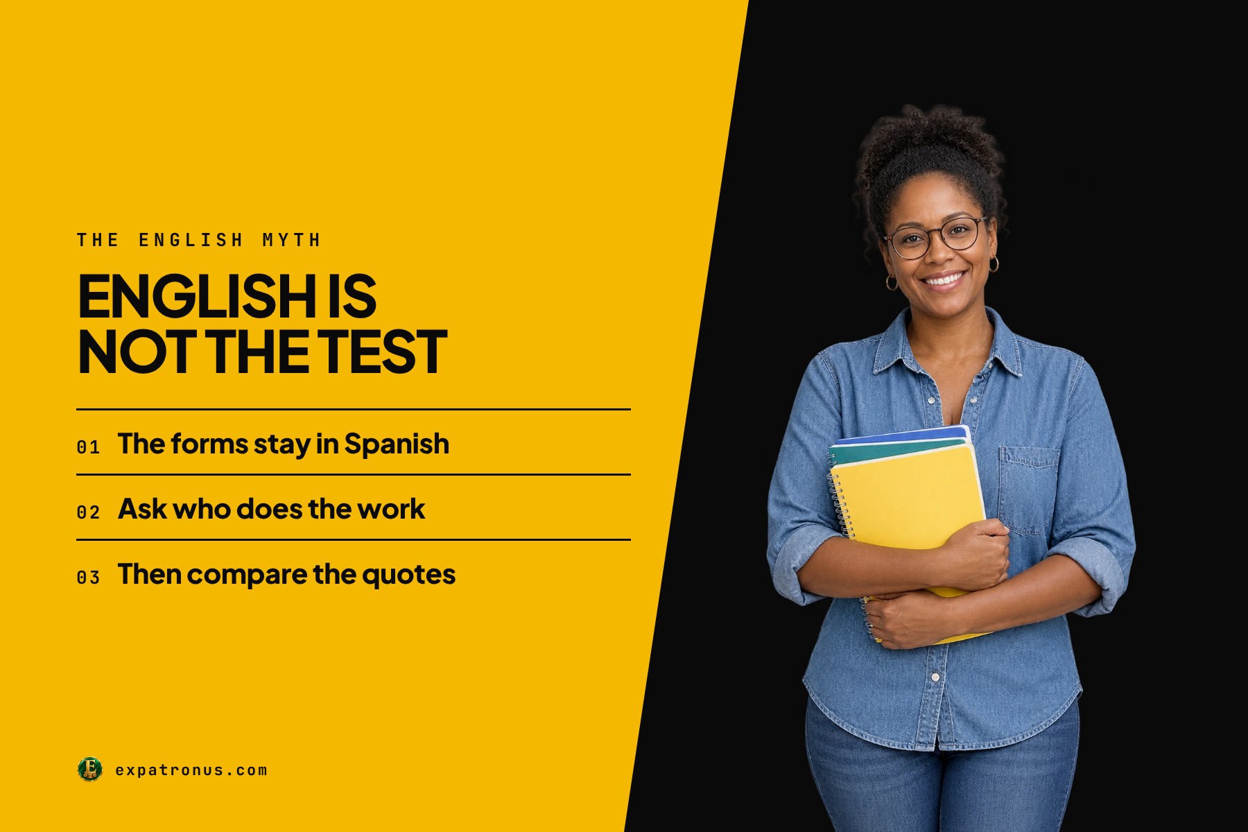 A smiling woman in a denim shirt holding notebooks, beside the words: The English myth. English is not the test. The forms stay in Spanish. Ask who does the work. Then compare the quotes.