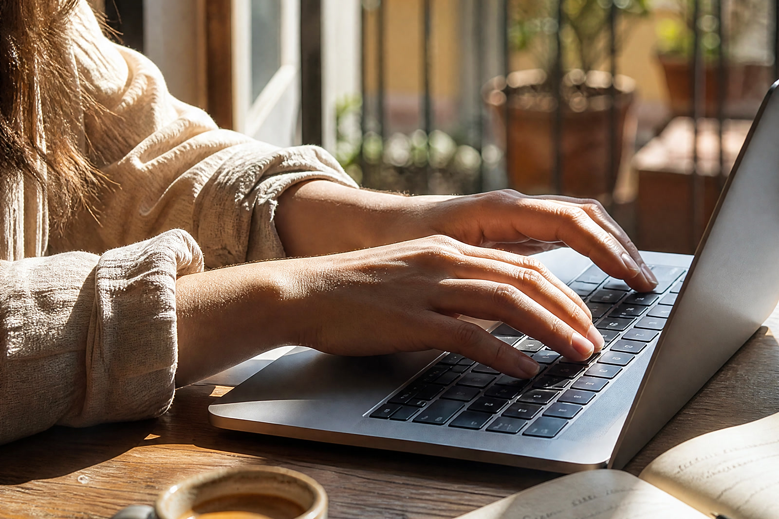A woman's hands typing on a laptop at a sunlit kitchen table, checking a professional register before a first consultation