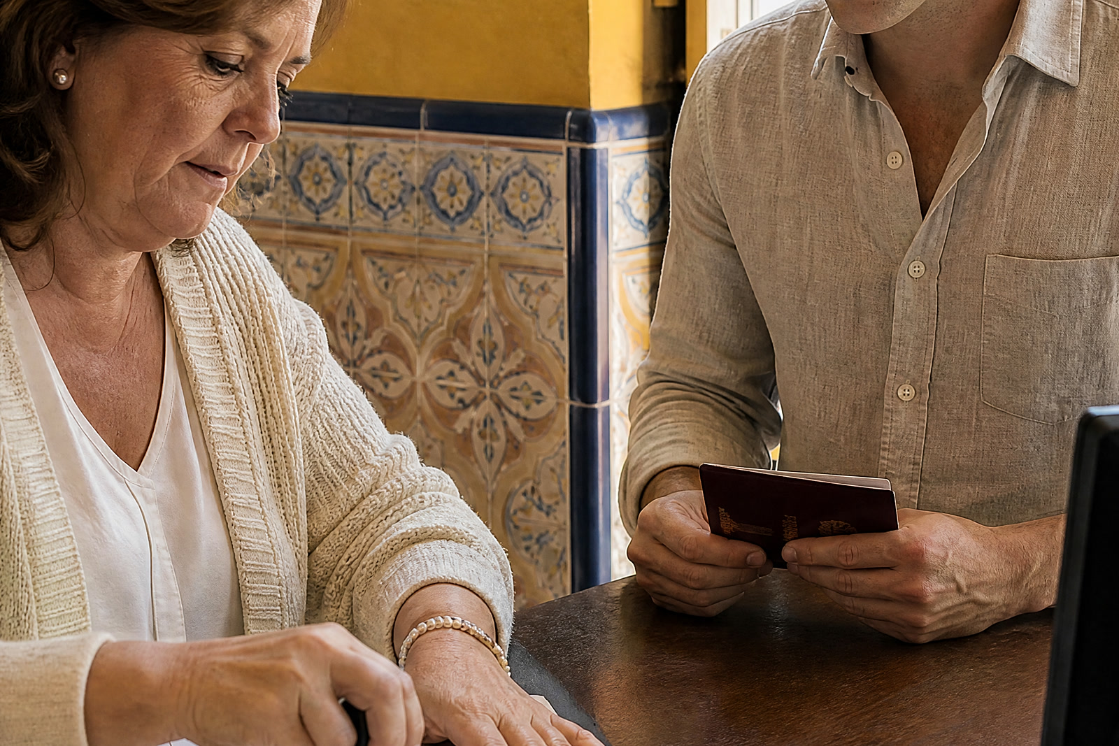 A gestoría employee stamps and files forms into a folder at a sunlit counter while a young man waits with his passport