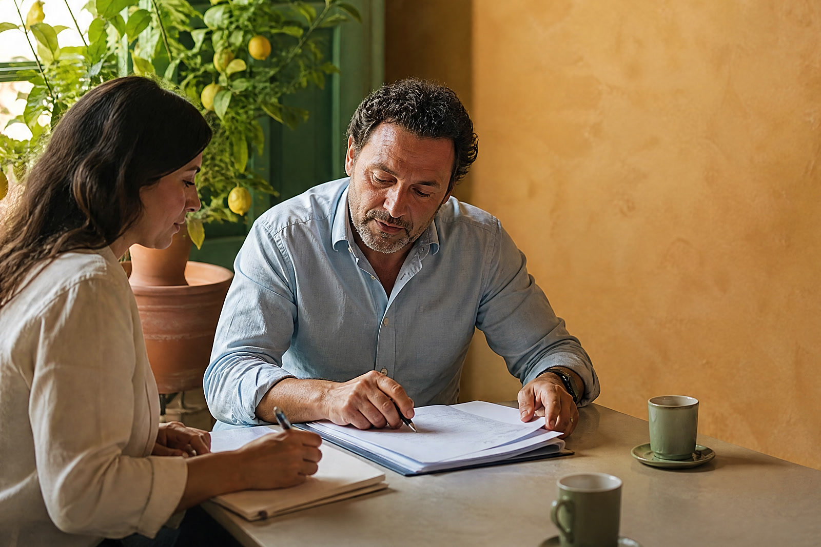 A visa advisor in a light blue shirt and a client with a notebook go through a folder of papers at a sunlit desk by a shuttered window