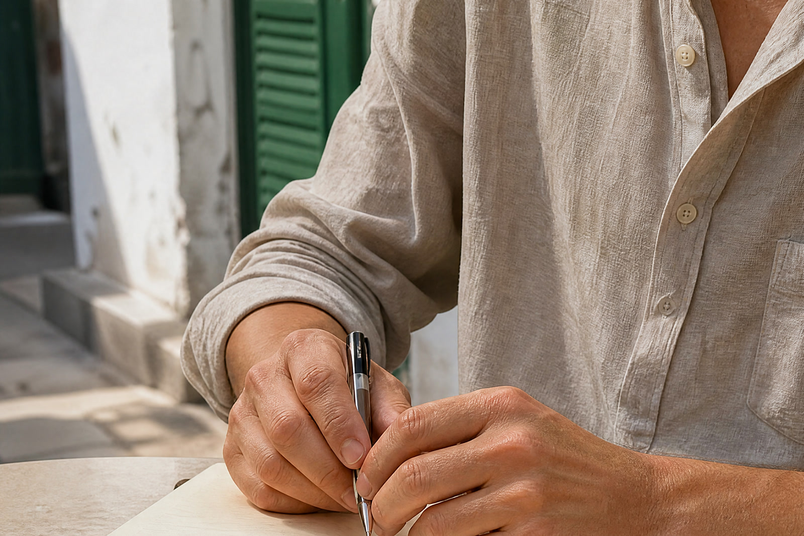 Hands holding a pen over an open notebook on a sunlit cafe table in Valencia, beside a closed folder and a coffee