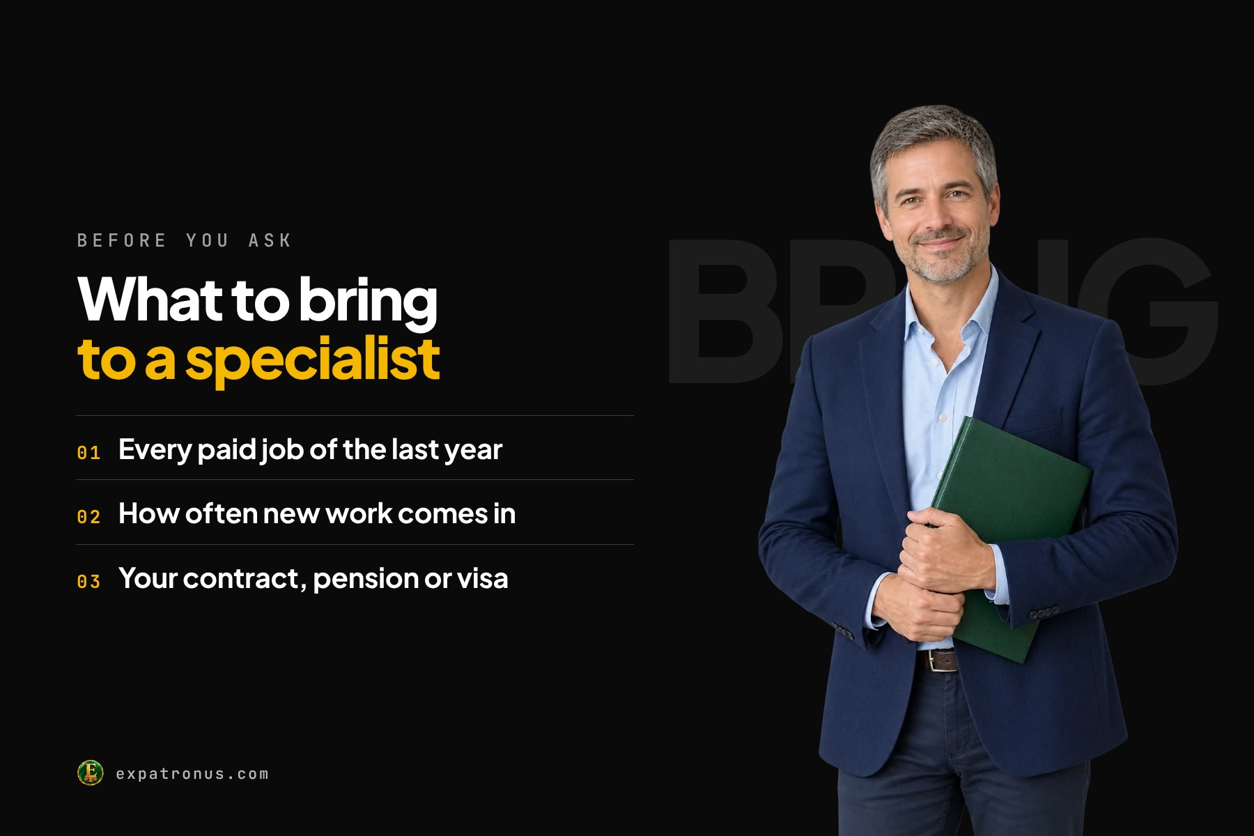 A man in a navy blazer holding a green folder, beside a list: every paid job of the last year, how often new work comes in, your contract, pension or visa