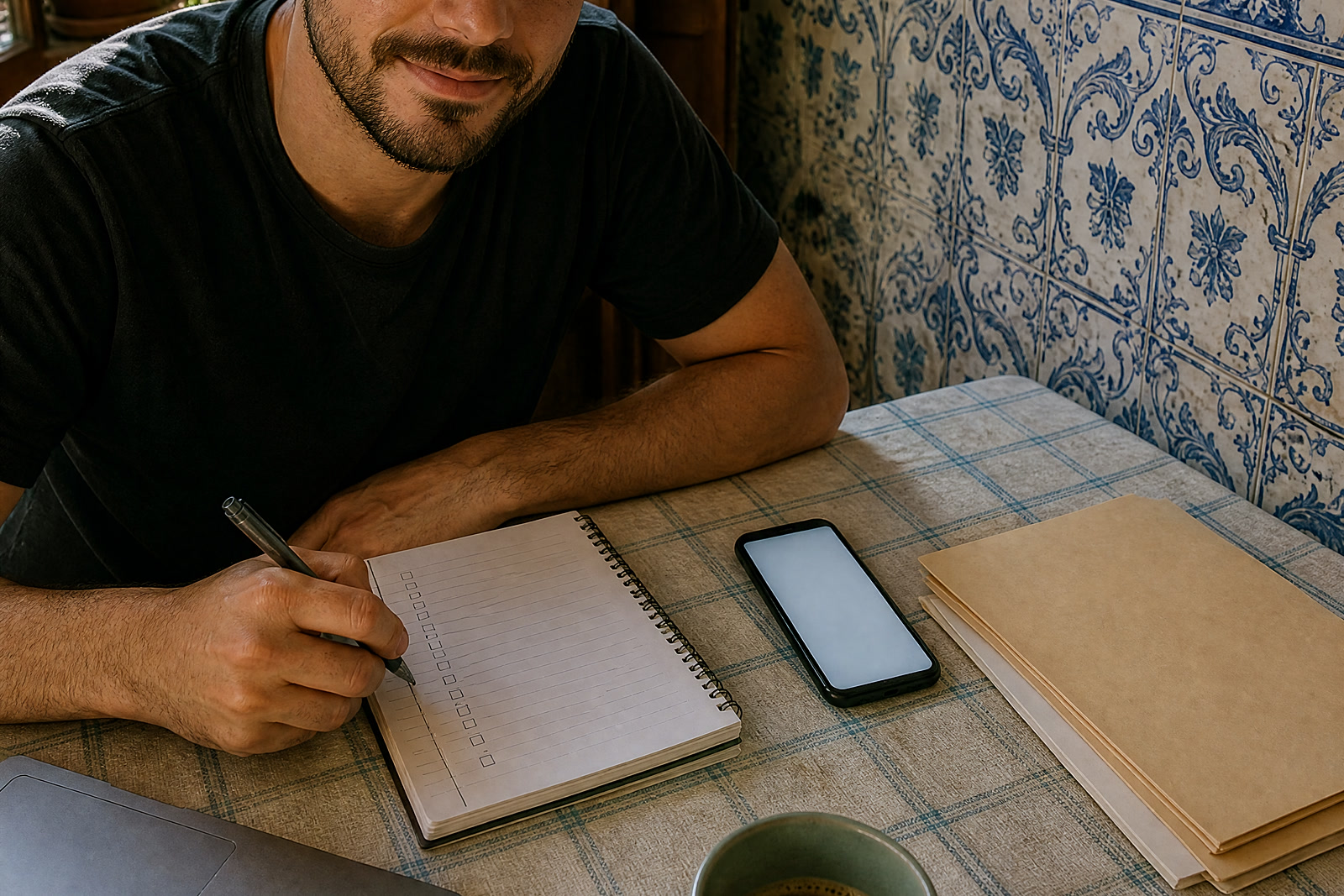 A young man writes a checklist in a notebook at a sunny kitchen table with a laptop, a phone and a few folders