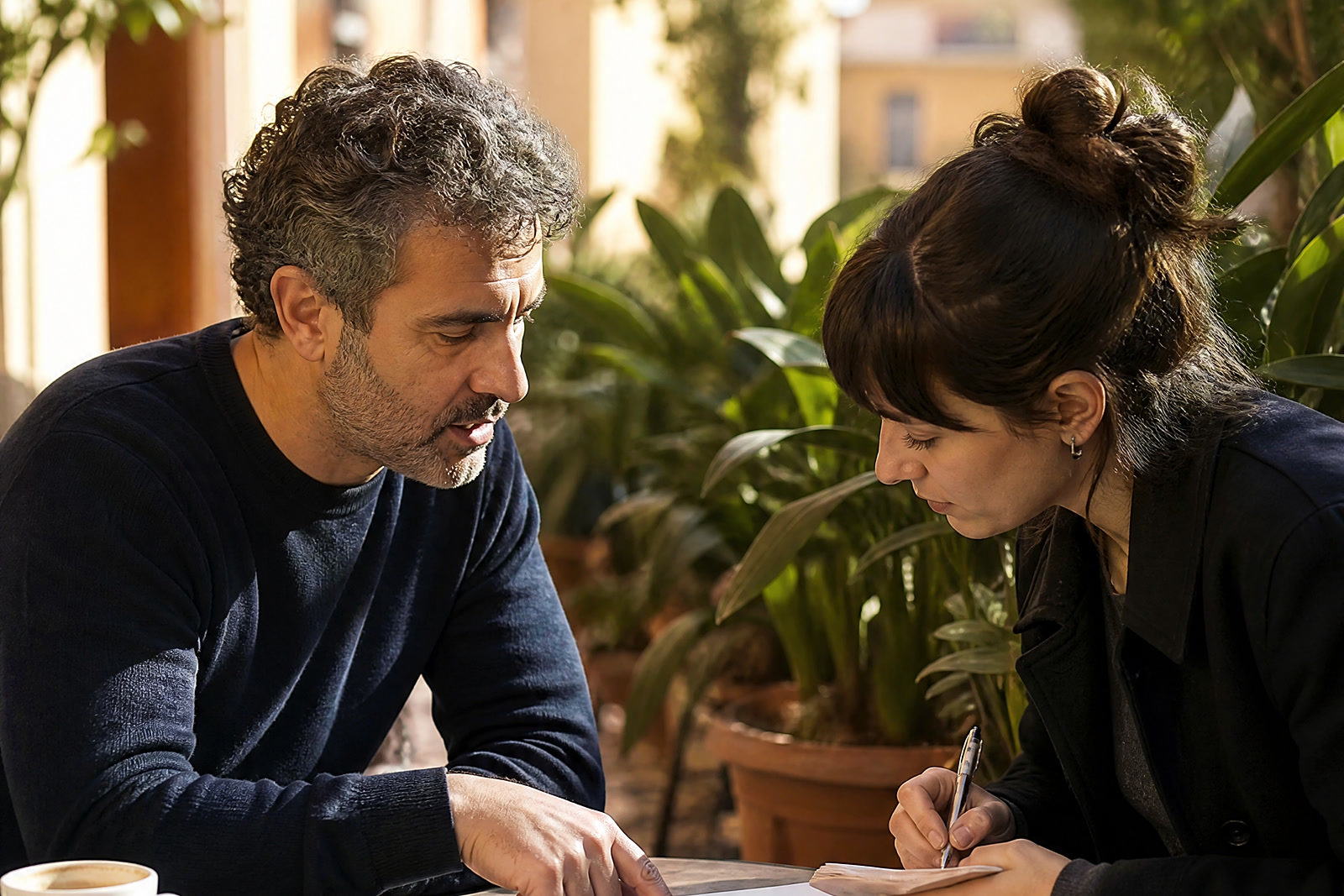 Two people at an outdoor cafe table in Valencia comparing a printed page and taking notes