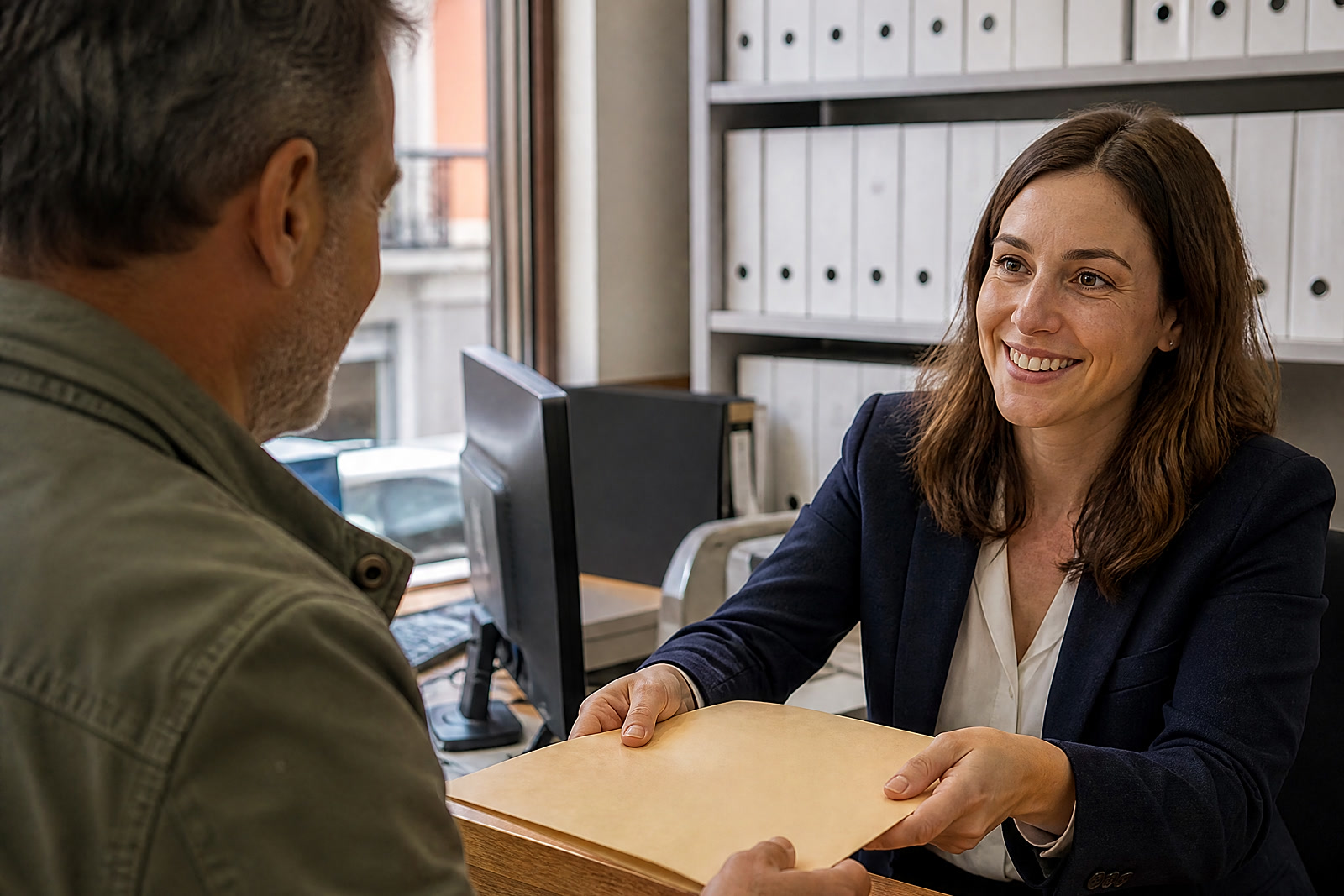 A gestor in a navy blazer smiles and hands a folder back to a client across a wooden counter in a Madrid gestoría