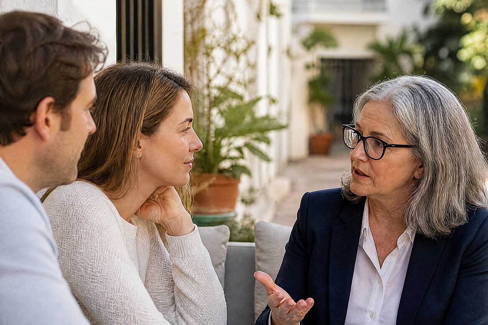 A lawyer in a navy blazer explains an option with an open hand to a couple across a terrace table with a closed folder between them