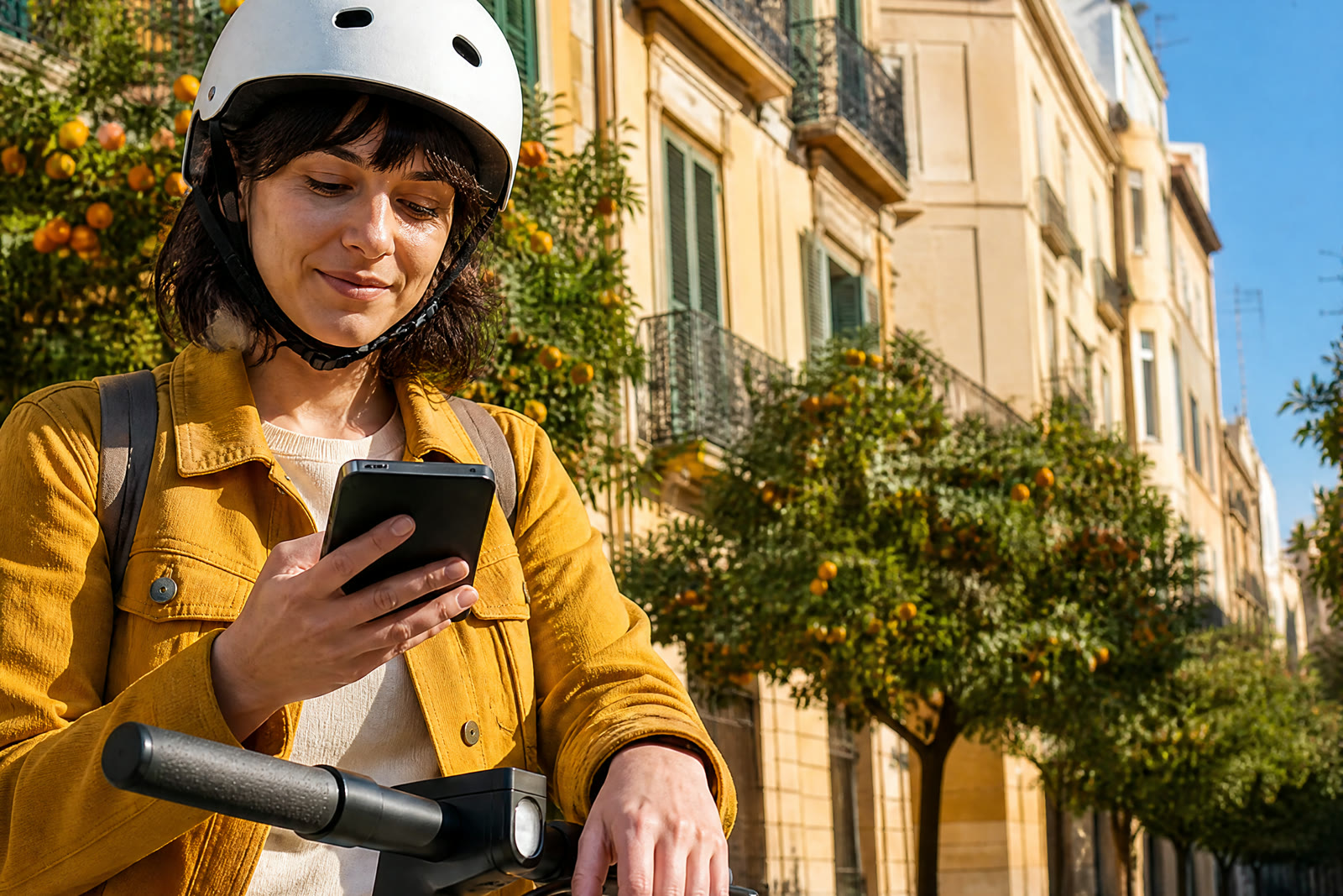 A young woman in a white helmet and mustard jacket checks her phone beside an electric scooter on a sunlit Valencia street lined with orange trees